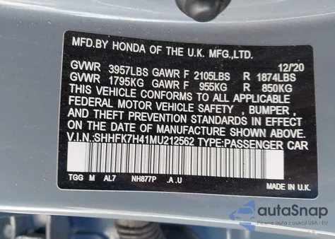 2021 Honda Civic Sport z USA, uszkodzony, nr VIN SHHFK7H41MU212562